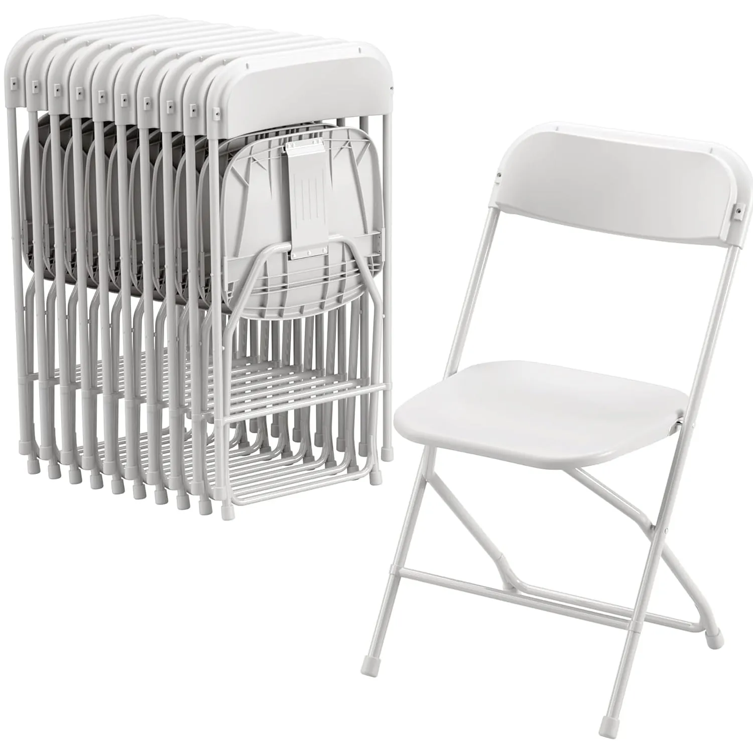 10 Pack White Plastic Folding Chair, Indoor Outdoor Portable Stackable Commercial Seat with Steel Frame 350lb. Capacity for Events Office Wedding Party Picnic Kitchen Dining