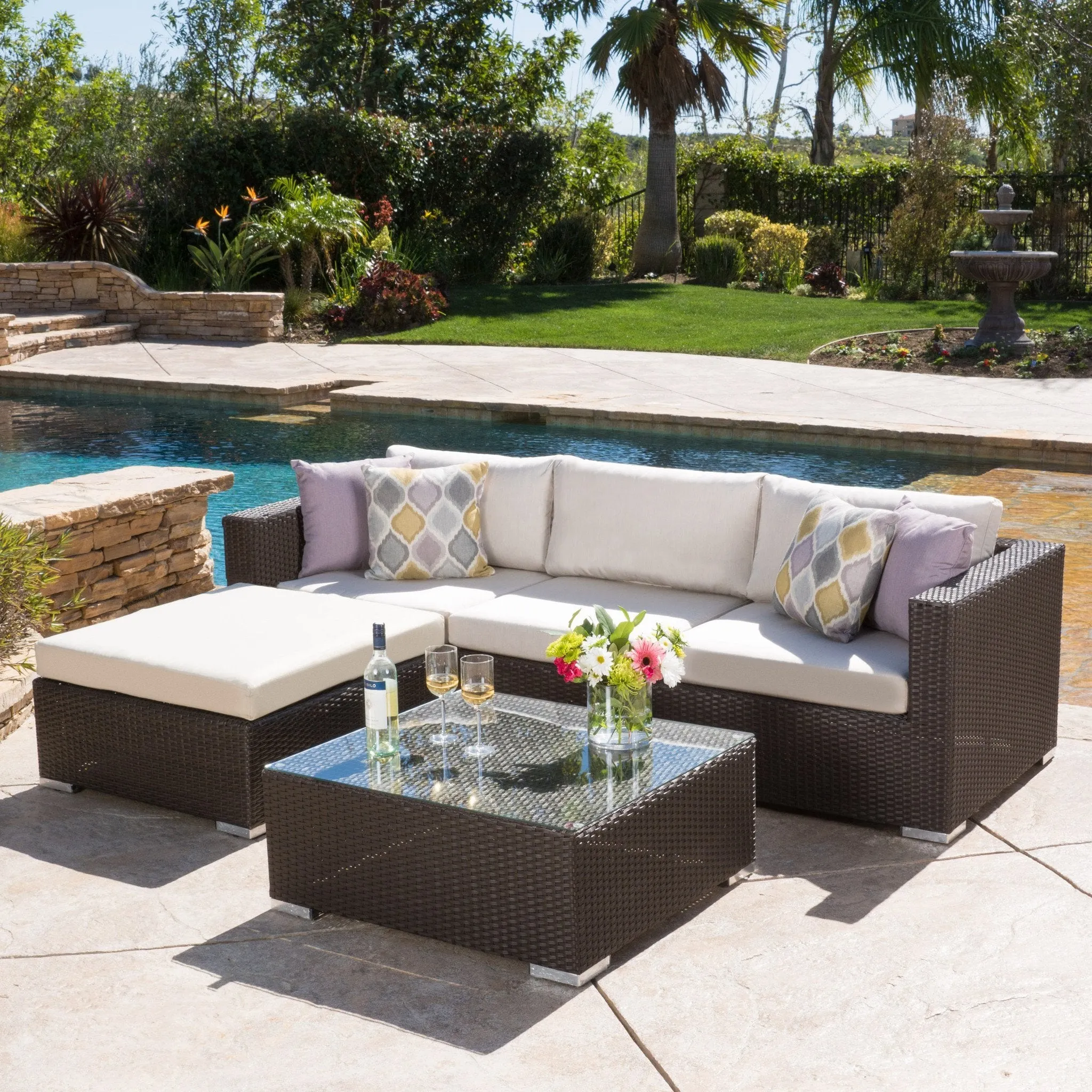 5pc Outdoor Brown Wicker/Aluminum Seating Sectional Set w/ Cushions - NH544692