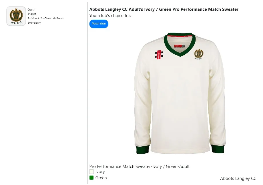 Abbots Langley CC  Adult's Ivory / Green Pro Performance Match Sweater