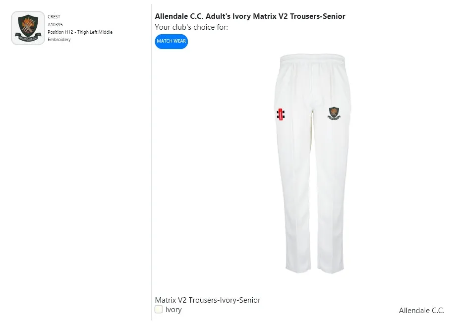 Allendale C.C. Adult's Ivory Matrix V2 Trousers-Senior