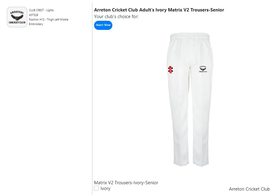 Arreton Cricket Club Adult's Ivory Matrix V2 Trousers-Senior