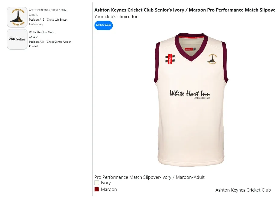 Ashton Keynes Cricket Club Senior's Ivory / Maroon Pro Performance Match Slipover