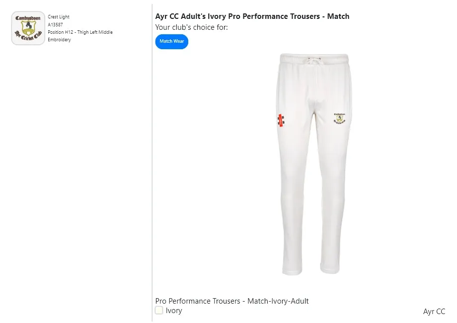 Ayr CC Adult's Ivory Pro Performance Trousers - Match