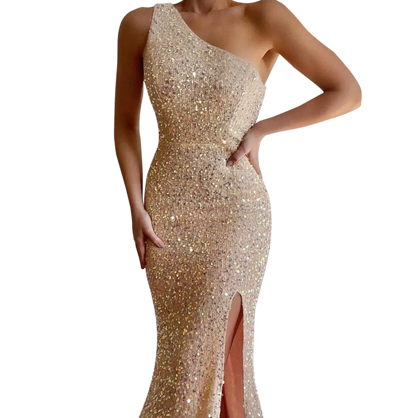 DressBetty - 2024 Classy One Shoulder Glitter Side Slit Sleeveless Midi Dress