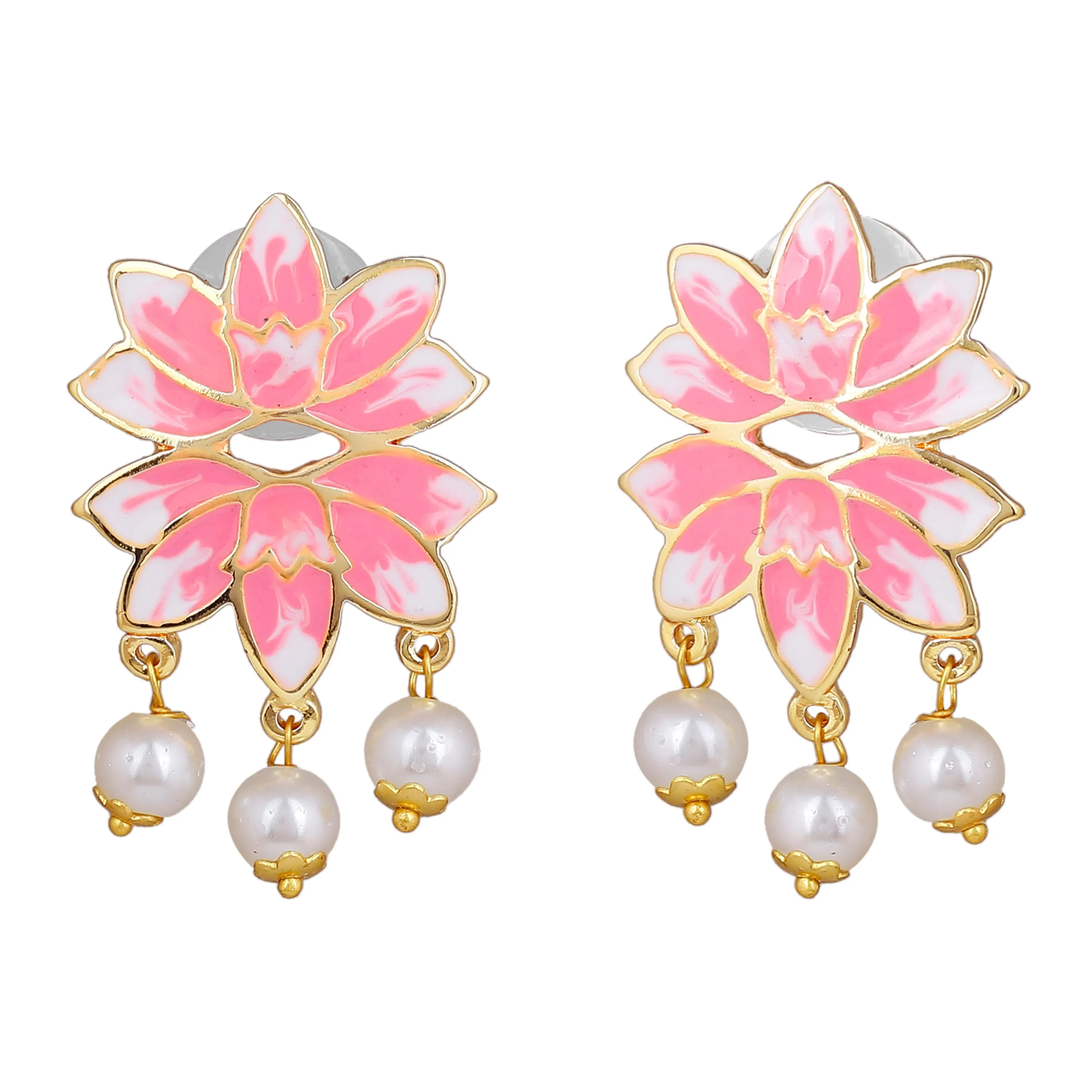 Estele Gold Plated Alluring Lotus Designer Pearl Drop Earrings with Pink Enamel for Girl's & Women