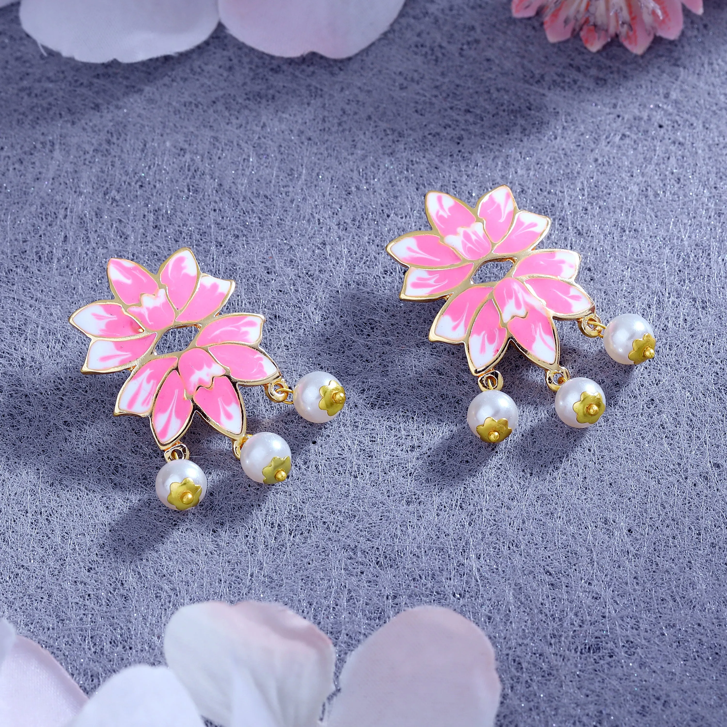 Estele Gold Plated Alluring Lotus Designer Pearl Drop Earrings with Pink Enamel for Girl's & Women