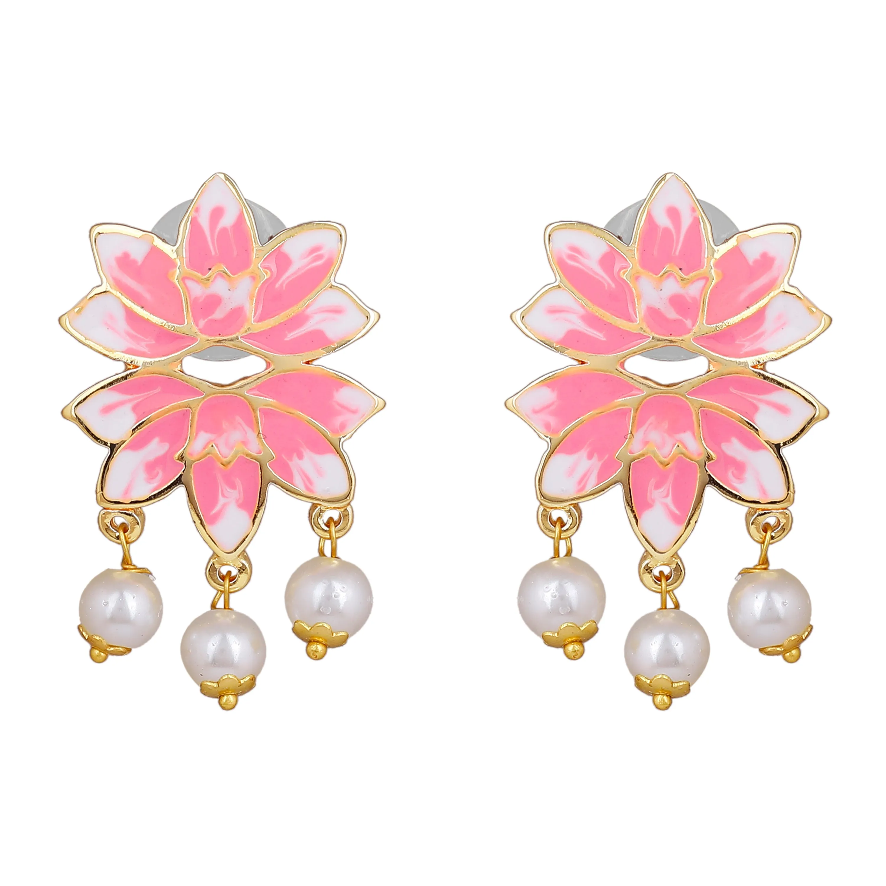 Estele Gold Plated Alluring Lotus Designer Pearl Drop Earrings with Pink Enamel for Girl's & Women