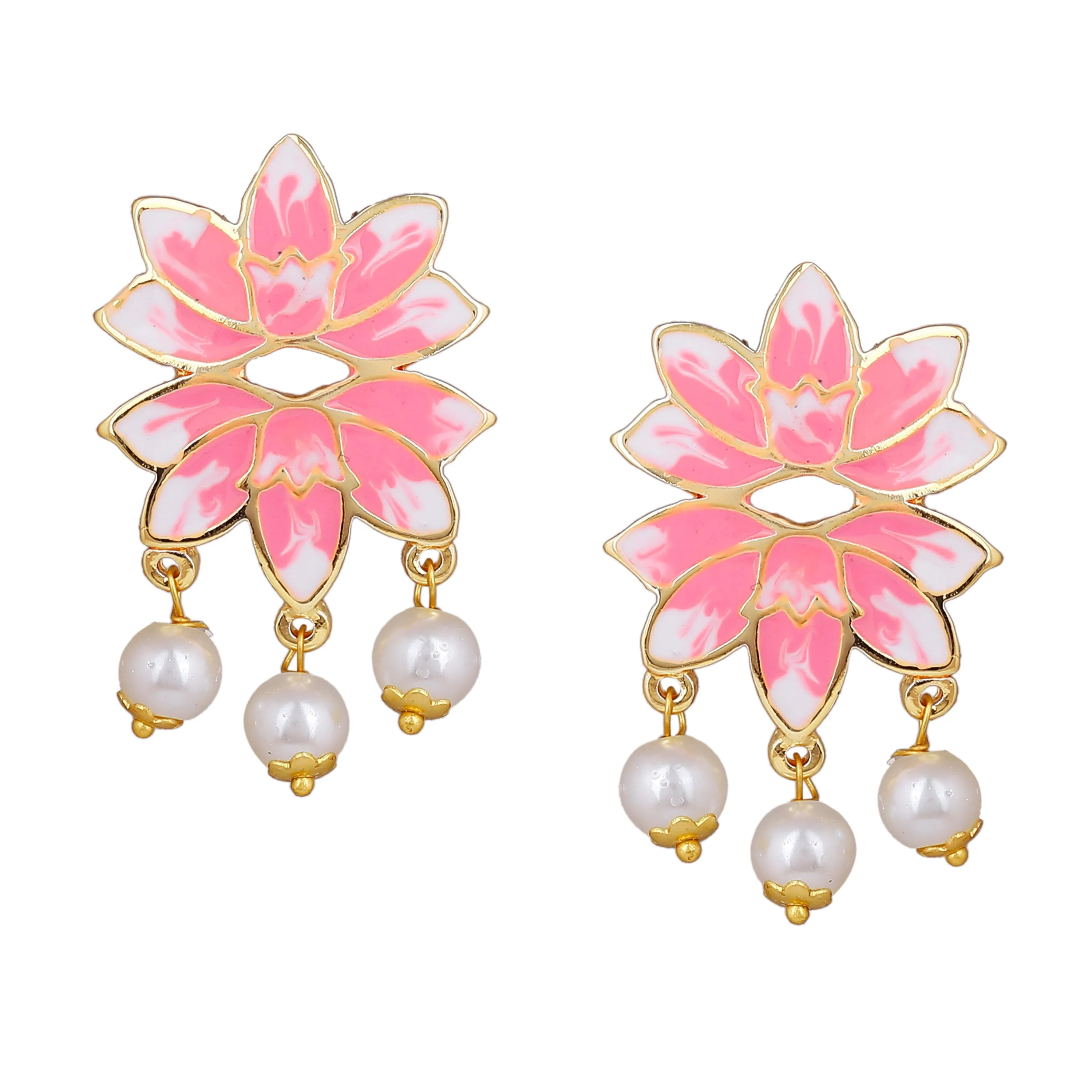 Estele Gold Plated Alluring Lotus Designer Pearl Drop Earrings with Pink Enamel for Girl's & Women