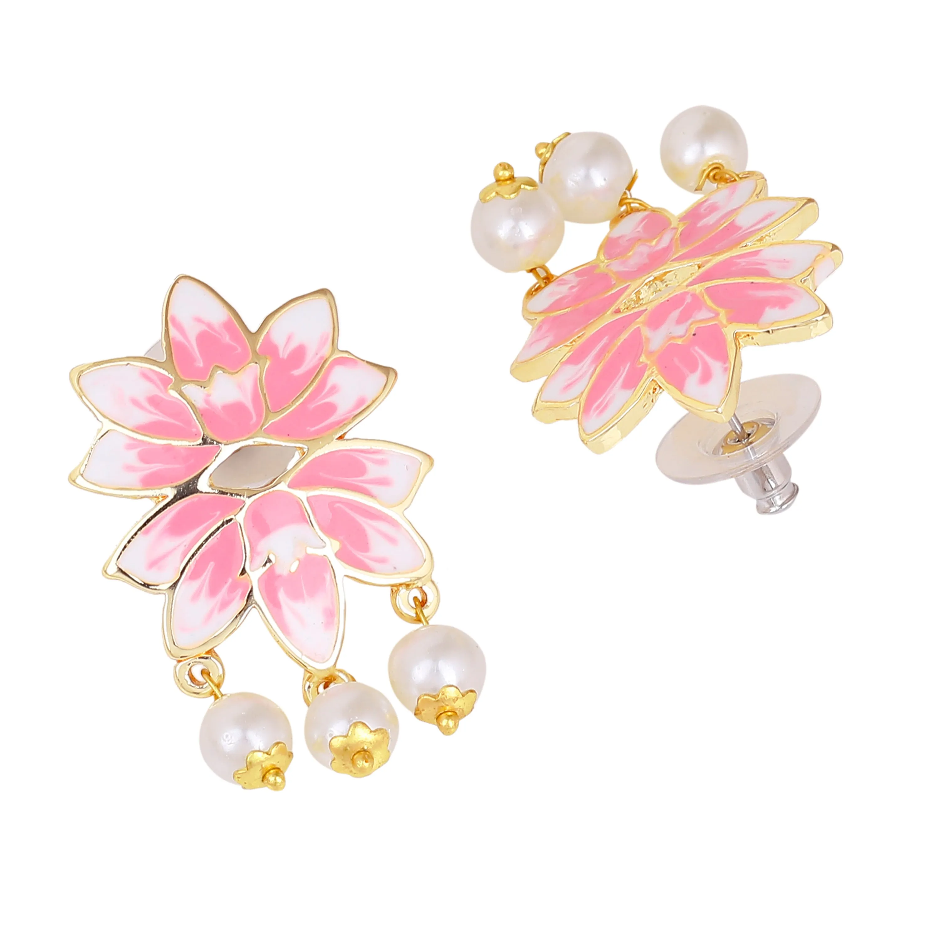 Estele Gold Plated Alluring Lotus Designer Pearl Drop Earrings with Pink Enamel for Girl's & Women