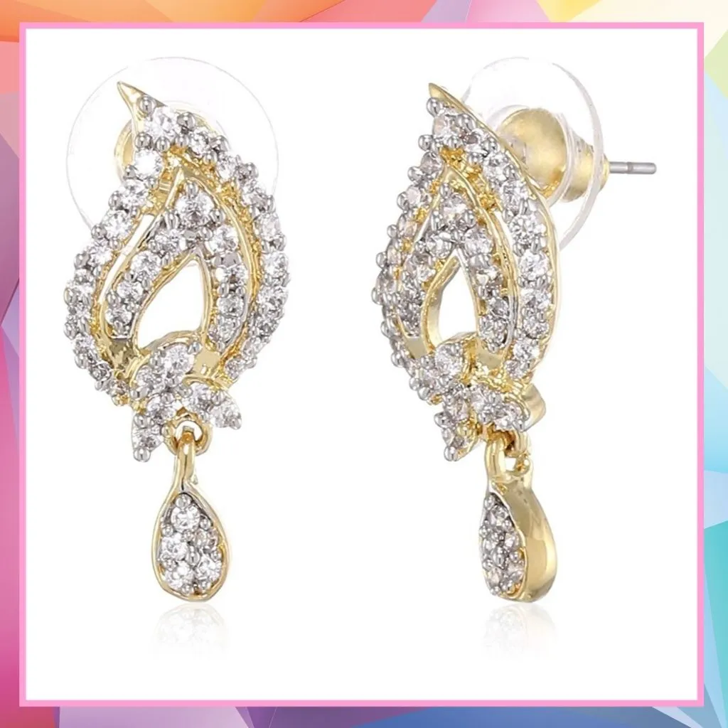 Estele Gold Plated American Diamond Mishaped Leaf Drop Earrings for Women