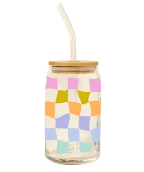 Glass Can with Lid   Straw - Carnival Check