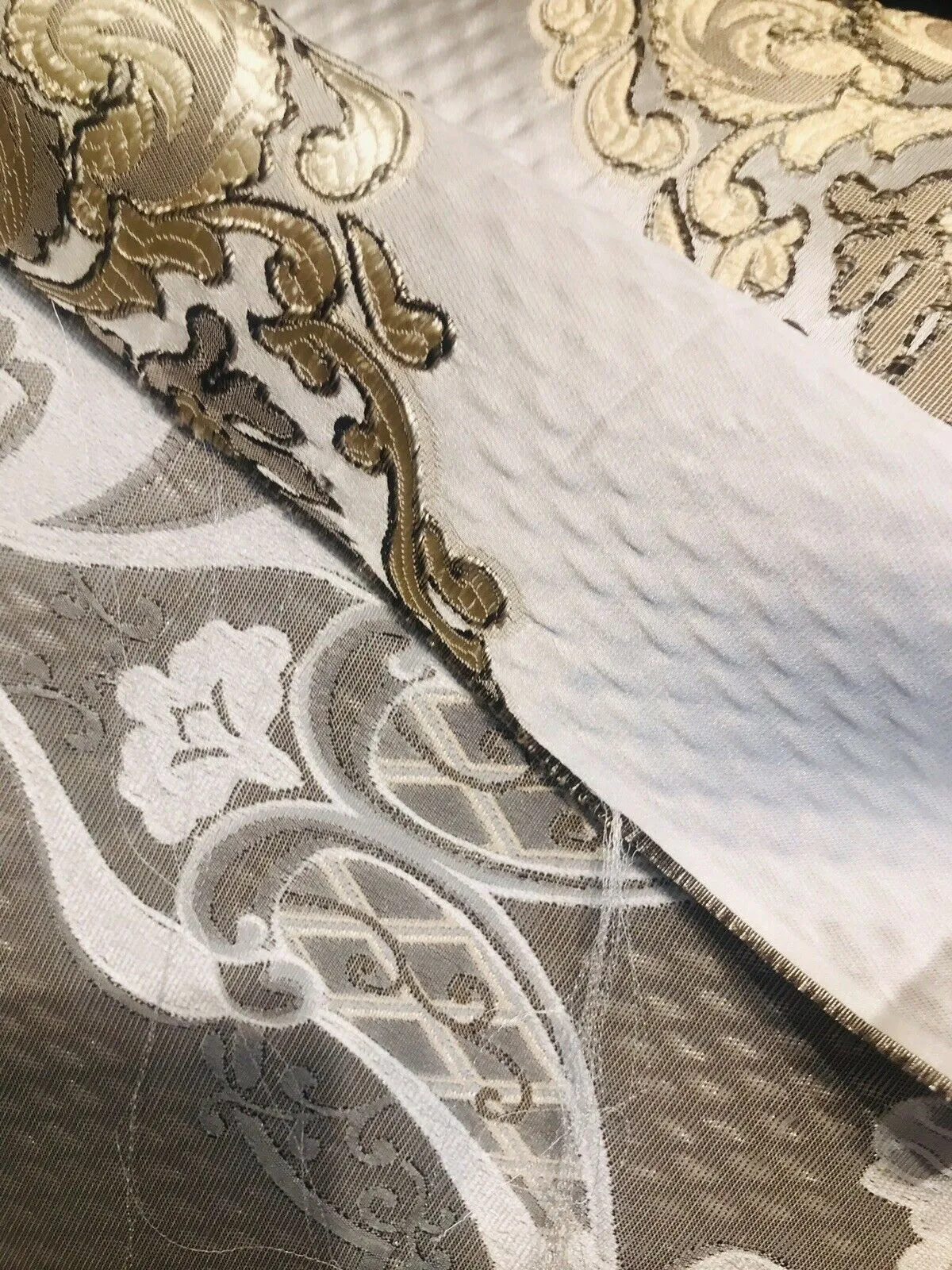 King Eliot Italian Brocade Medallion Satin Fabric Ivory Gold Upholstery Neoclassical LLPBI0004