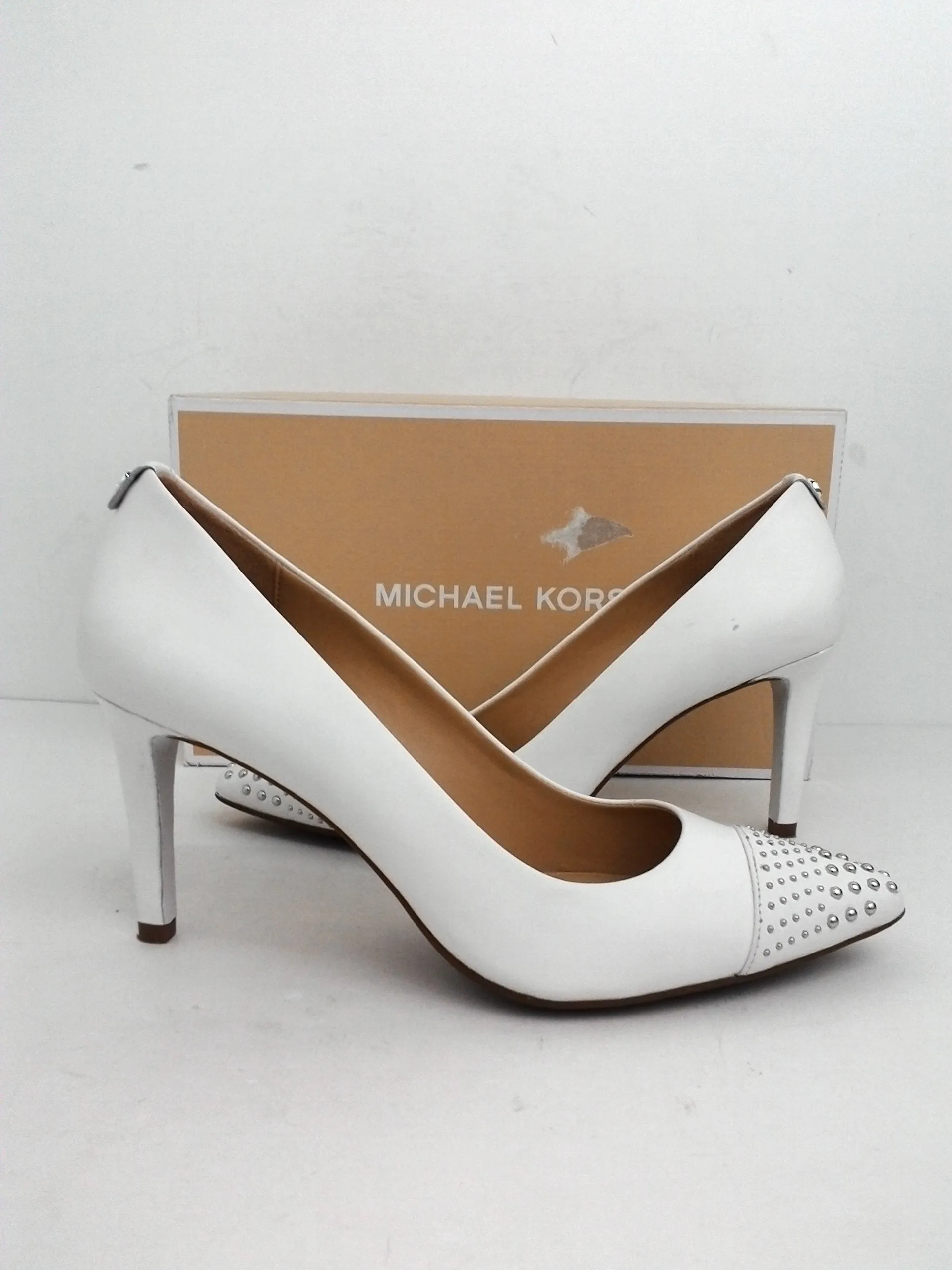 Michael Kors Women's Dorothy Flex Mid Toe Cap White Leather Heels Size 9 M