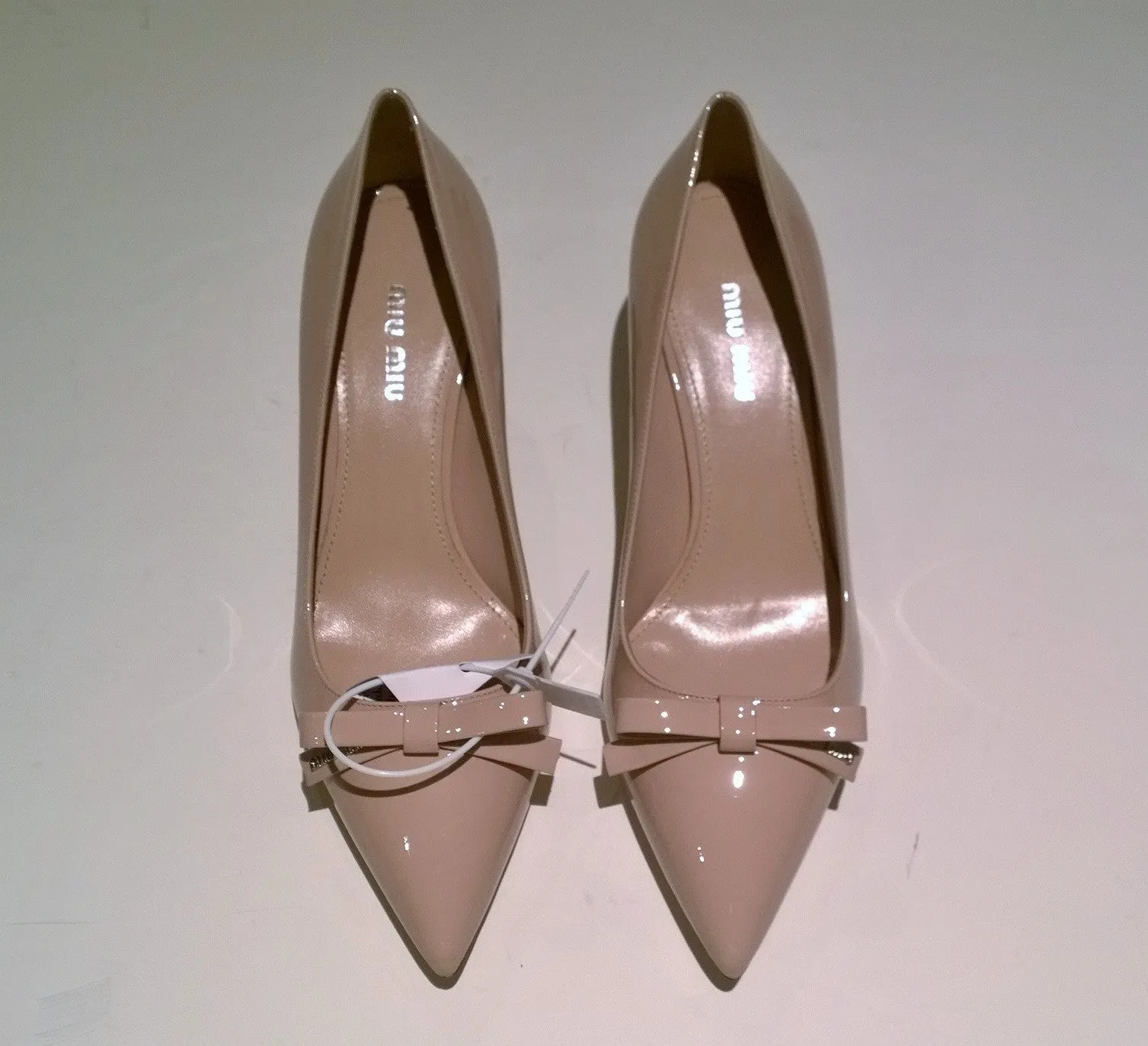 Miu Miu Cipria Bow Heels 50 in Pale Pink Nude Patent