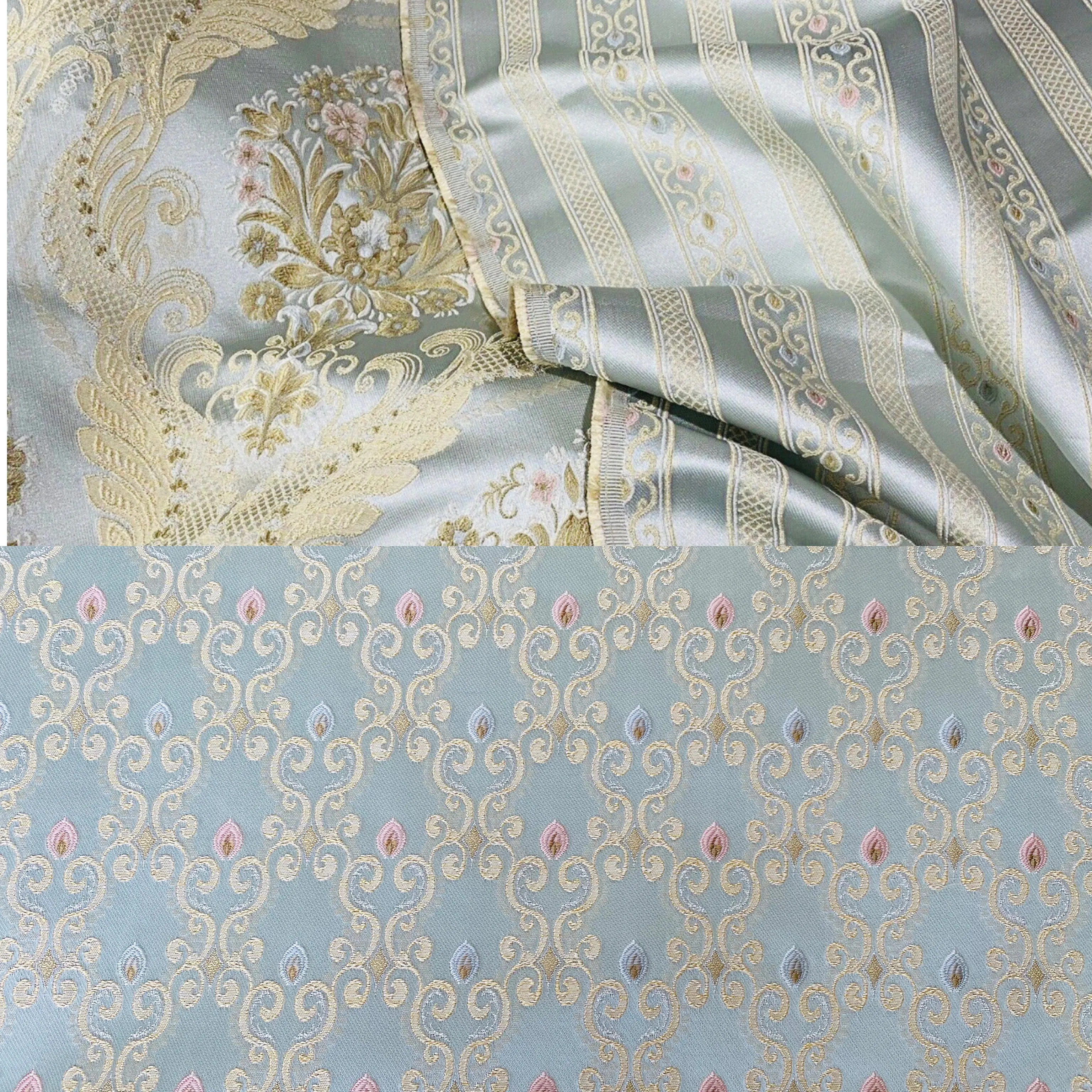 NEW Queen Chantal Novelty Ritz Neoclassical Brocade Dot Satin Fabric - Louis Blue