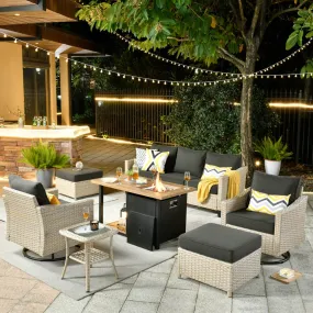 Ovios Athena Series Outdoor Patio Furniture Set 7-Piece with Swivel Chair & 46'' Double Layer Rectangle Fire Pit Table