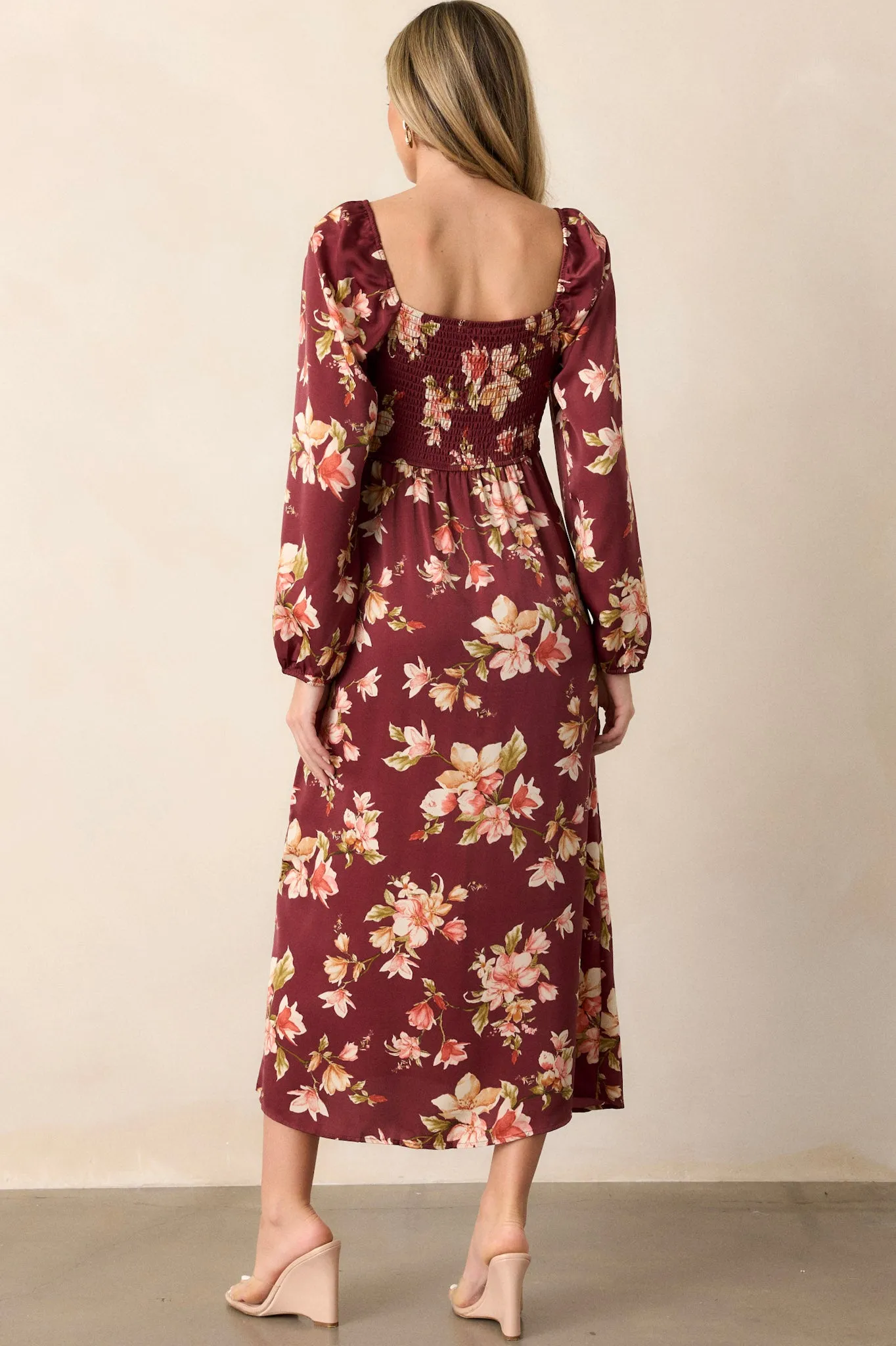 Perfect Meet Cute Burgundy Floral Long Sleeve Midi Dress